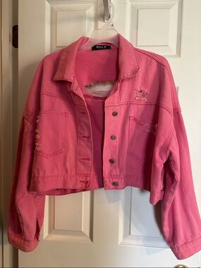 Blue B Pink Cropped Distressed Jean Jacket